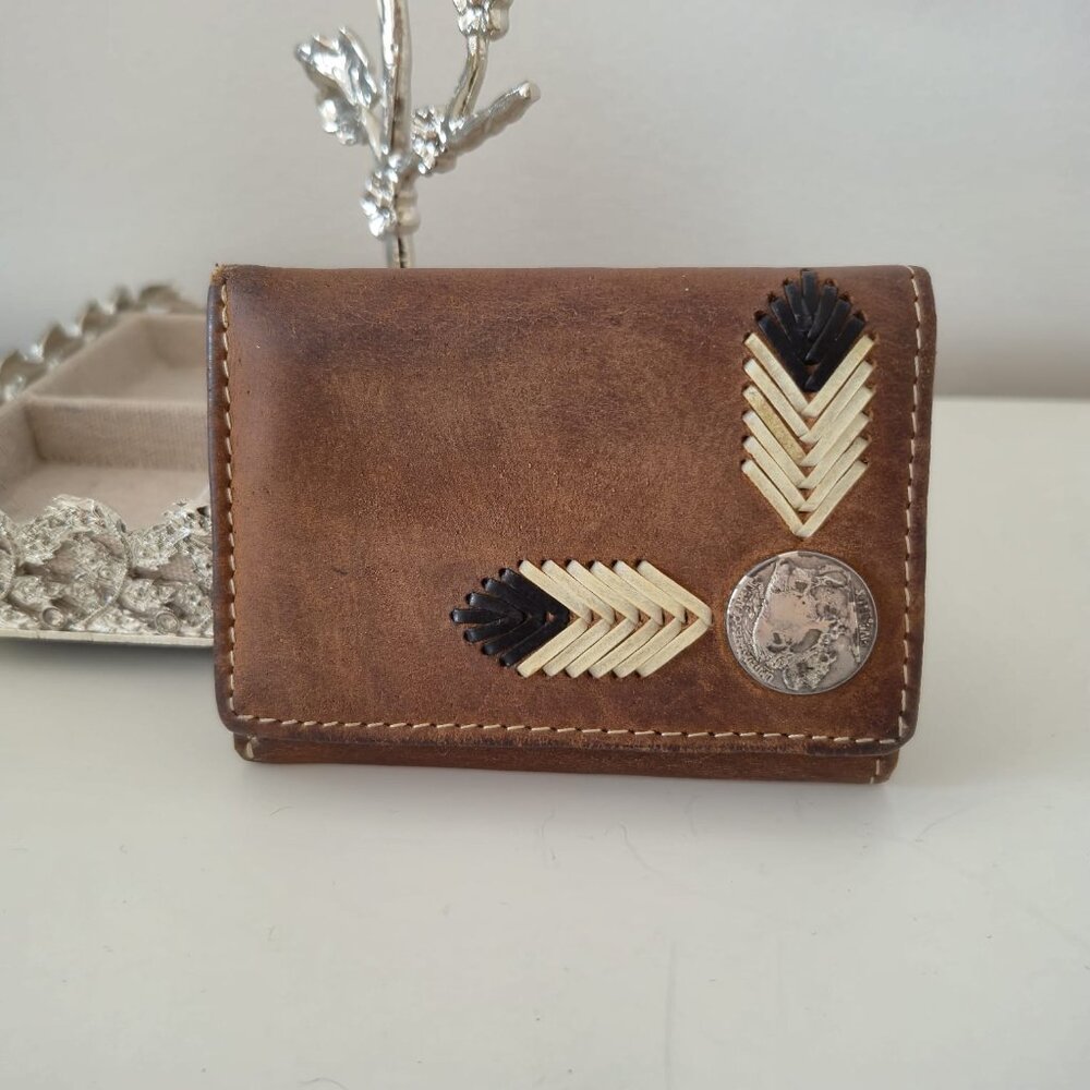 Nocona Men’s Trifold Wallet, Brown Genuine Leather, Buffalo Nickel Accent